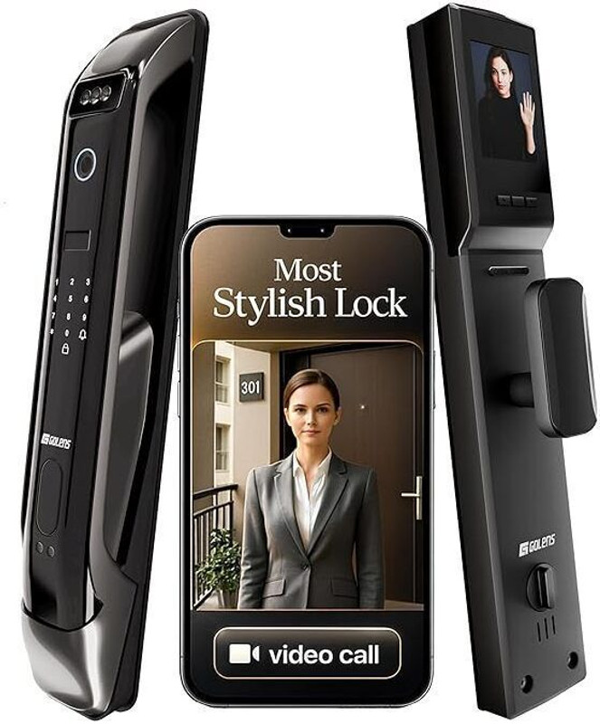GOLENS X28 Smart 3D Face & Fingerprint Door Lock | 9-Ways Unlocking | App support | Strong Alloy Body Smart Door Lock(Black)