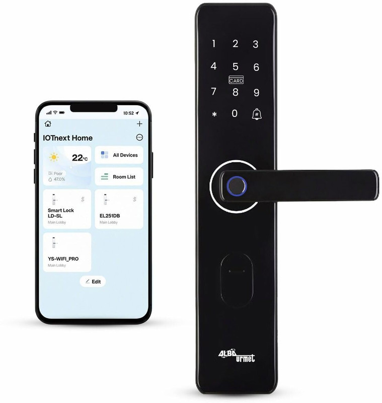 alba urmet Digital Door Lock | 6 Way Unlock | Fingerprint, PIN, RFID Card, Keys, OTP, Mobile App | for Single Leaf Wooden Doors (42-95 MM) Smart Door Lock(Black)