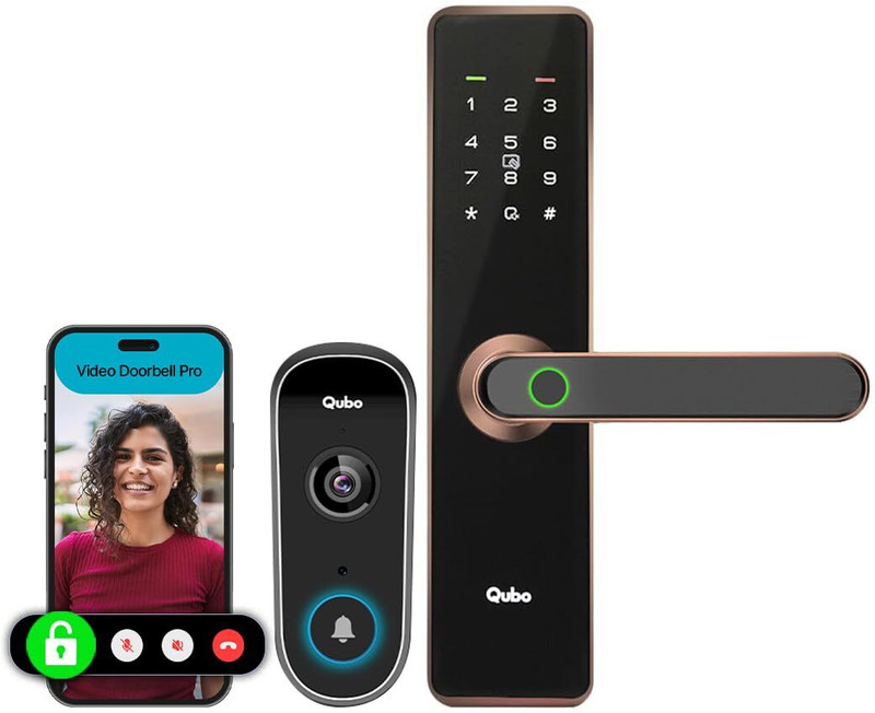 Qubo Essential Lock Copper +Video Doorbell Combo|Remote Unlock via Video Call Screen|2-Way Talk|AI Alerts Smart Door Lock(Black)