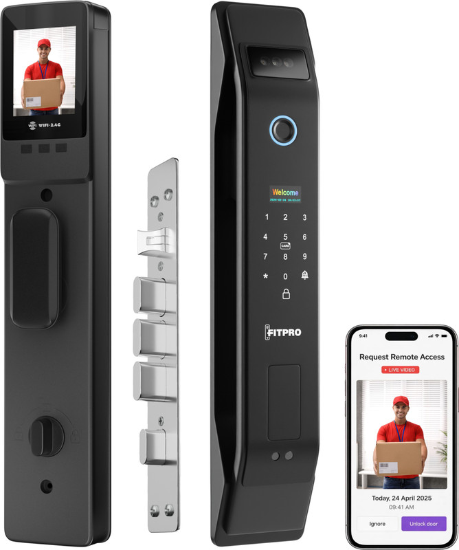 Fitpro Astra Prime Smart Door Lock with Camera N Face, Fingerprint, Mobile App, WiFi + Bluetooth, RFID Card, OTP, PIN and Manual Key Smart Door Lock(Black)
