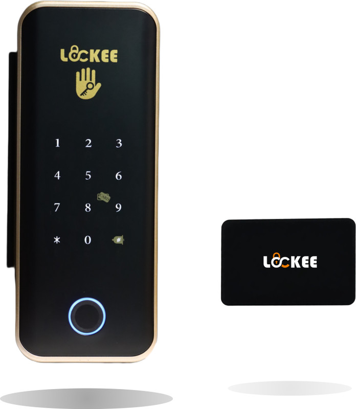 Lockee Crystal Guard | Smart Glass Door Lock | 5-in-1 Unlock Fingerprint IC Card Password App Mechanical Key | Remote Control | Aluminum/Glass/Frameless Doors | ( 1 Black NFC Card ) Smart Door Lock(Black)