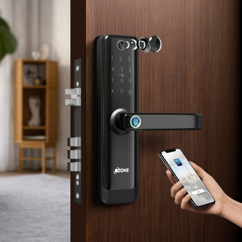 OZONE Smart Door Lock with Built-in Camera, Wi-Fi, Fingerprint, Password, RFID Card Access, Mobile App Control, Auto-Secure Alarm, USB Backup Smart Door Lock(Black)