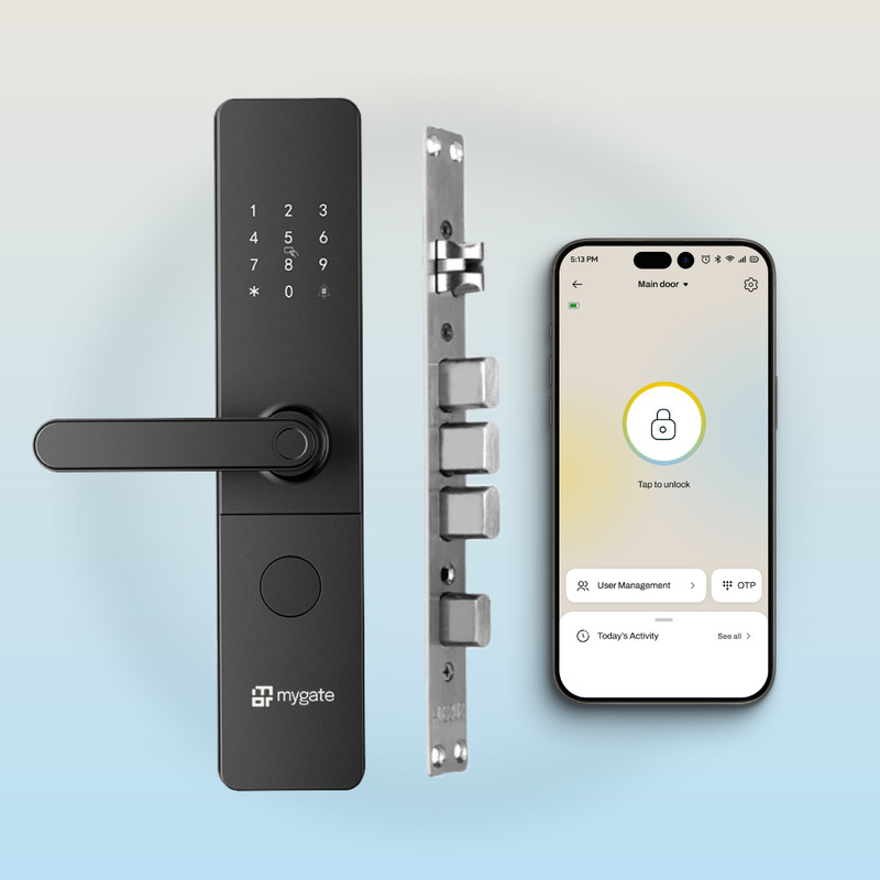 Mygate Plus Lock (2026 Model)|6-Way Unlock - Fingerprint, PIN, OTP, App, RFID, Key|3Y Warranty Smart Door Lock(Black)