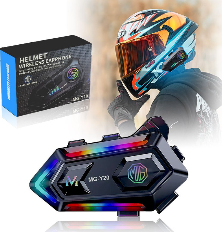 Moto Genius Y20 Bluetooth Helmet Headset | RGB Lights | Noise Reduction | IPX6 Smart Headphones(Wireless)