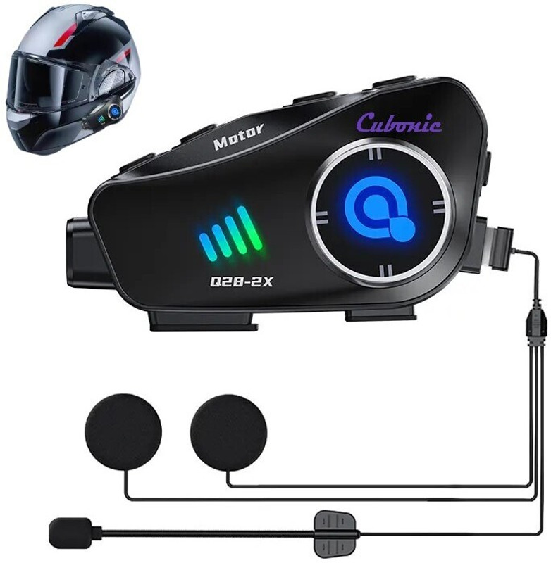 Cubonic Q28-2X with WiFi Access Camera(1080P HD,120° Wide Angle), 360° Rotating, 2 Person Intercom with Soft & Hard Mic Helmet bluetooth device with Earphone, Integrated Speakers, Hands Free Calling, Microphone, Voice Assist(1000 m 30 hr)