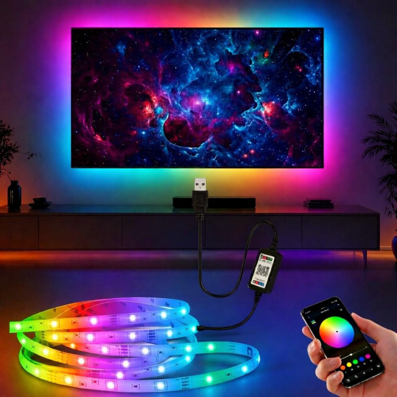 XERGY 4.5V RGB 90 LED Strip, App Control, USB, Music Sync, TV (3Mtr for 30-40" TV's) Light Strip