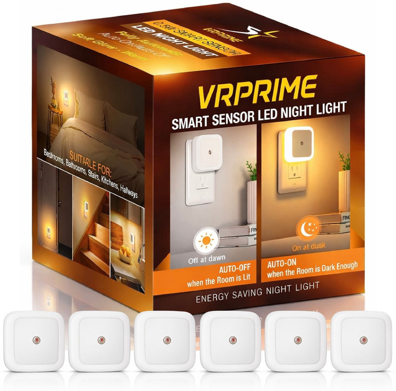VRPRIME 6pc Smart LED Night Light with Automatic Dusk to Dawn Sensor for Home & Bedroom Smart Sensor Light