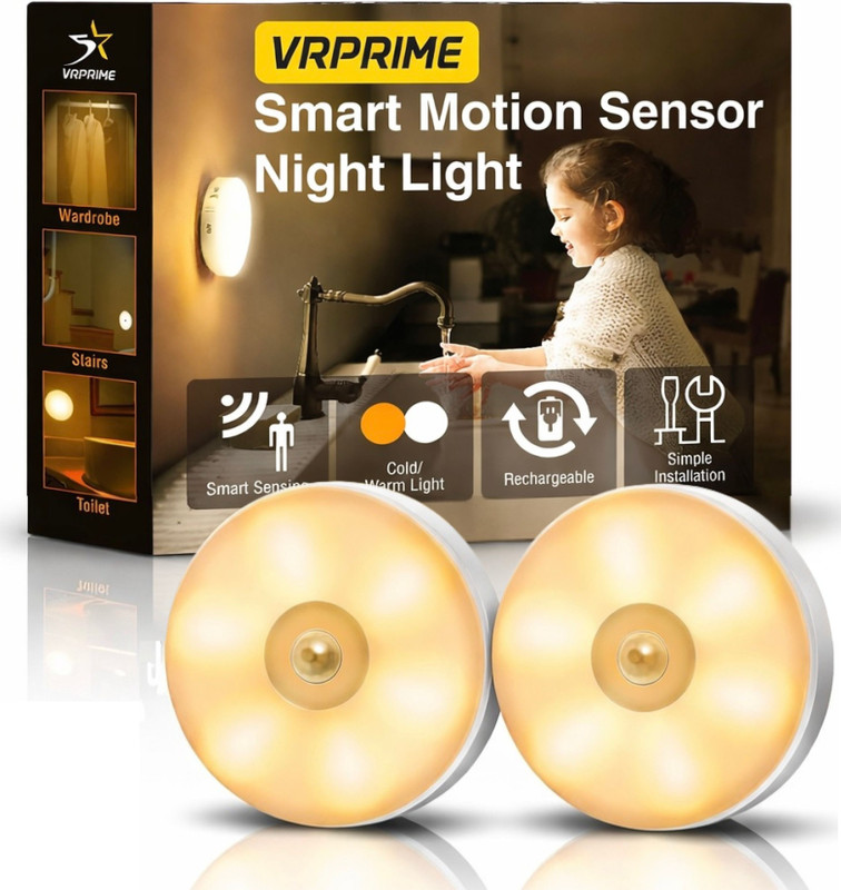 VRPRIME 2pc Rechargeable USB Led Magnetic Night Lamp for Wardrobe Kitchen Stairs Motion Sensor Light