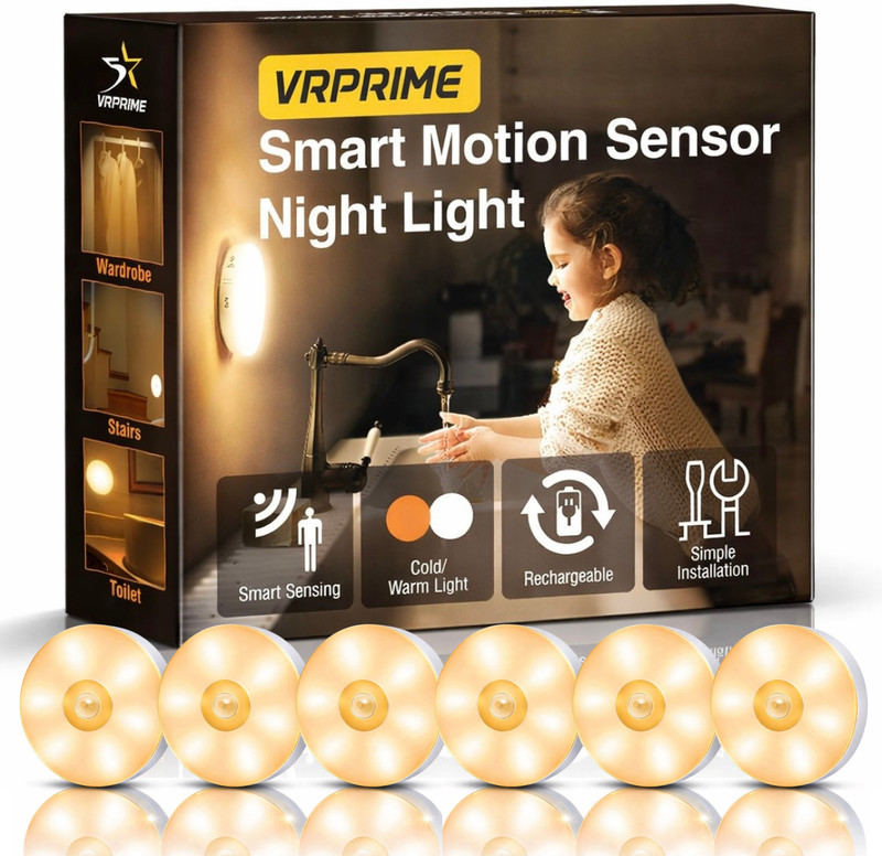 VRPRIME 6pc Rechargeable USB Led Magnetic Night Lamp for Wardrobe Kitchen Stairs Motion Sensor Light