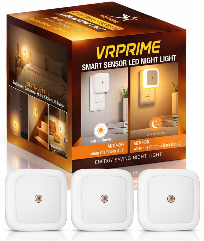VRPRIME 3pc Smart LED Night Light with Automatic Dusk to Dawn Sensor for Home & Bedroom Smart Sensor Light