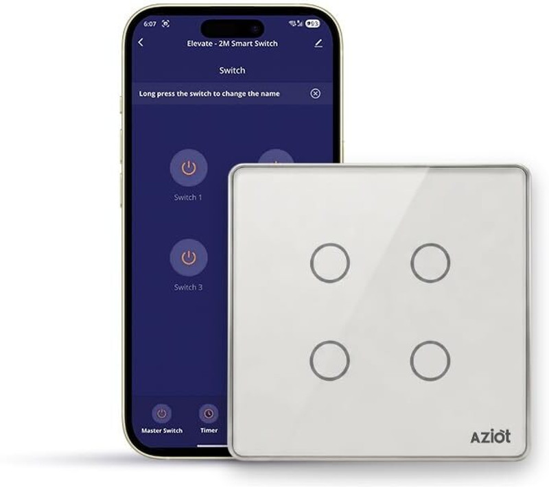 AZIOT Smart Premium Toughened Glass Touch Switch Panel | Elevate 2 Module 4 Switch Smart Switch(White)