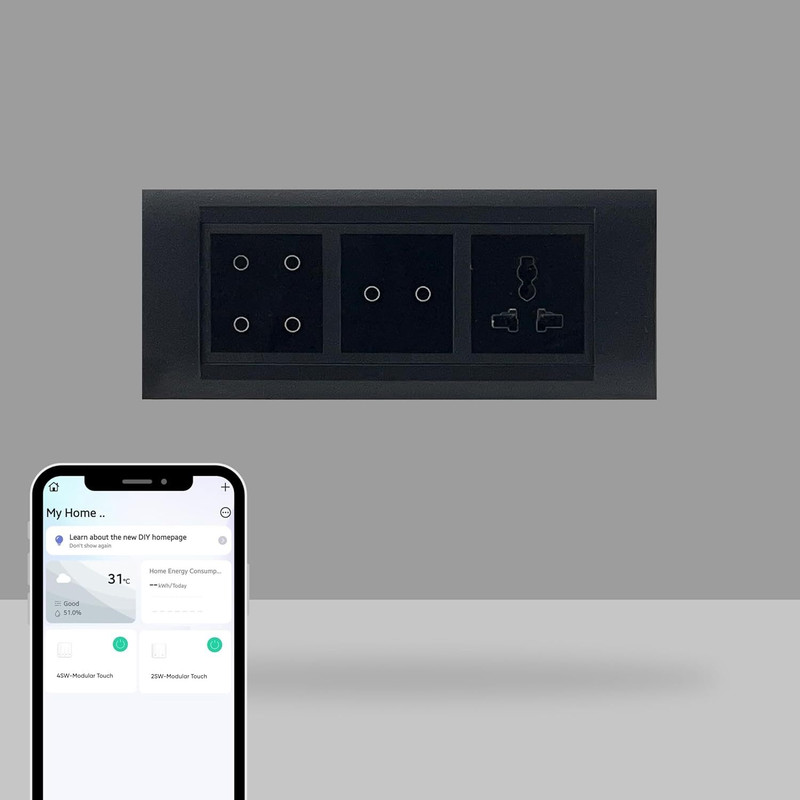 AZIOT 6 Module Switch Board Plate | Smart 4 Touch, 2 Touch SW & Socket Smart Switch(Black)
