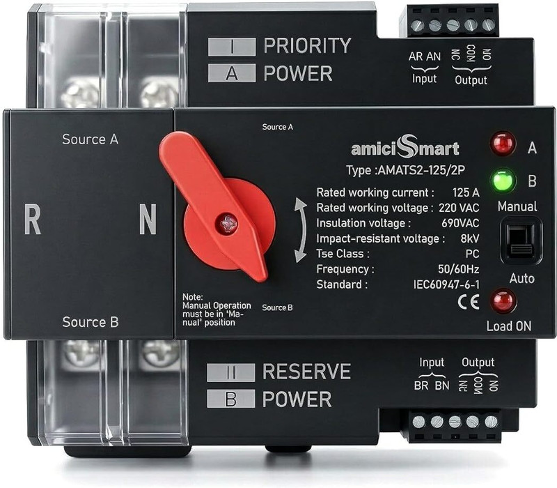 amiciSmart Dual Power Automatic Control Transfer Switch, 125A Changeover Switch Smart Switch(White)