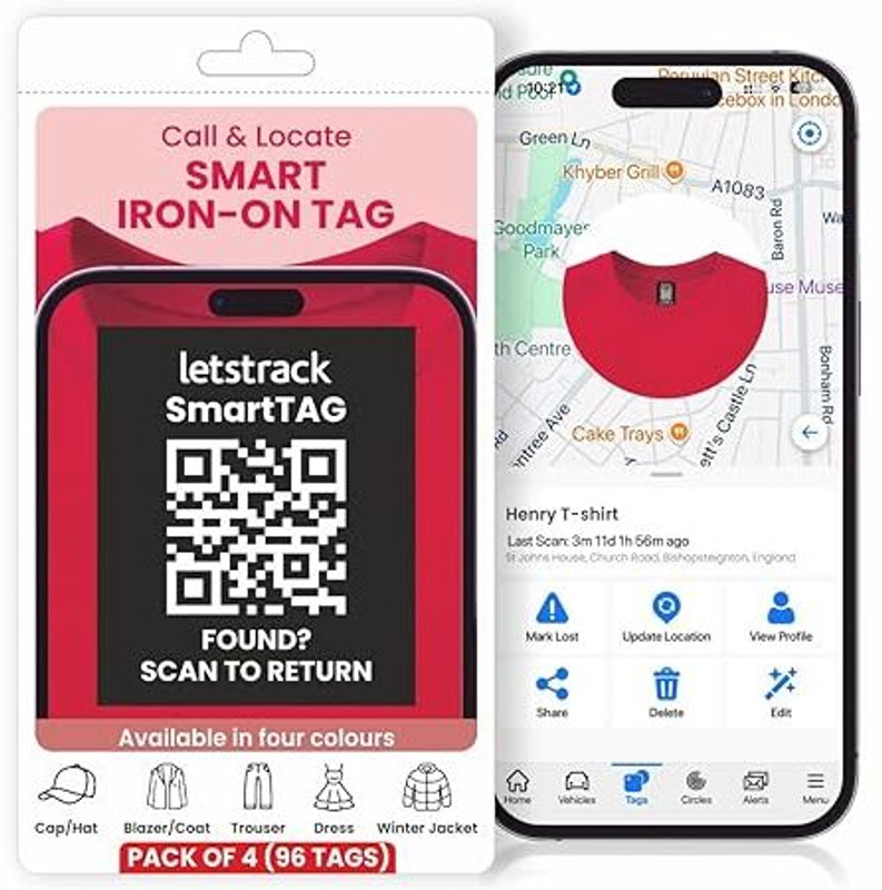 Letstrack Smart Iron-On Tags | Washable Clothing Labels with Scan Alerts | Pack of 96 | Location Smart Tracker(Black)