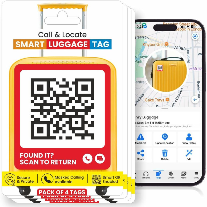 LETSTRACK Luggage & Bike Smart QR Label Sticker TAG | Scan Alerts | iOS Android Pack of 4 Location Smart Tracker(Red)