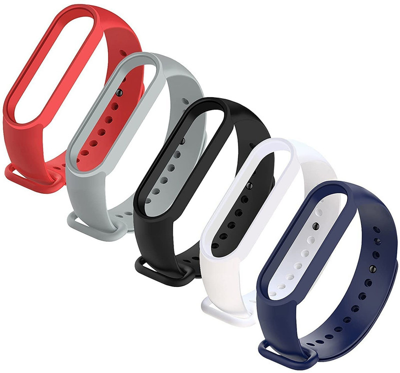 UNQT 5 PACK Silicone Band Strap for Mi Band 5 (Device Unit Not Included) Smart Band Strap(Black, Blue, Grey, White, Red)