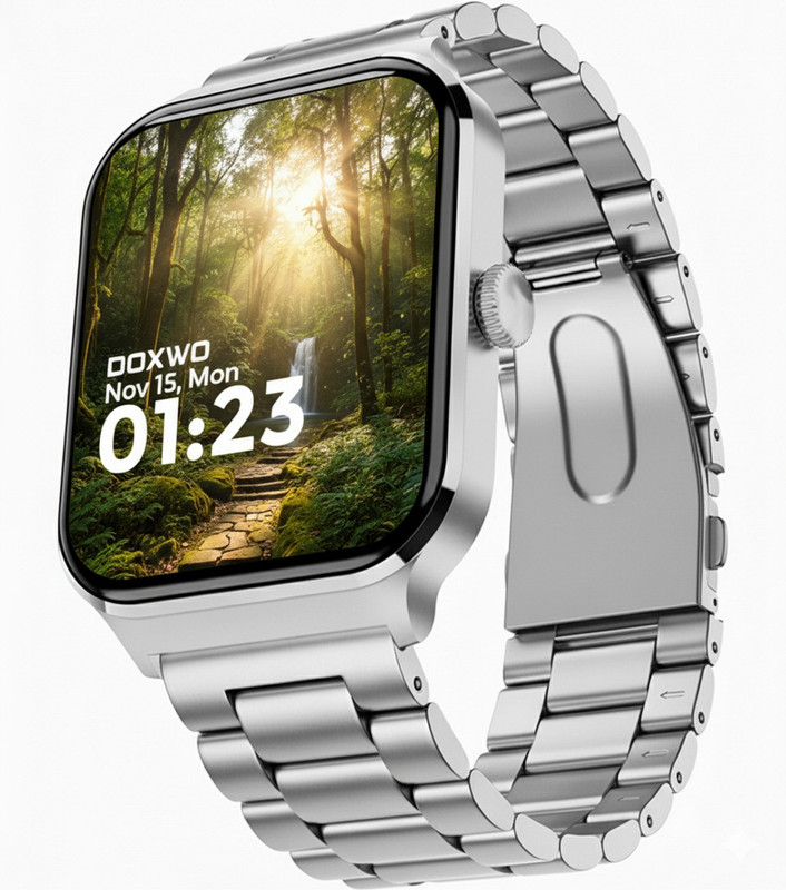 DOXWO Stylish H9 Silver Metal BT Calling HD Display Fitness 100+ Sports Modes gaming Smartwatch(Metal Silver Strap, Free Size)
