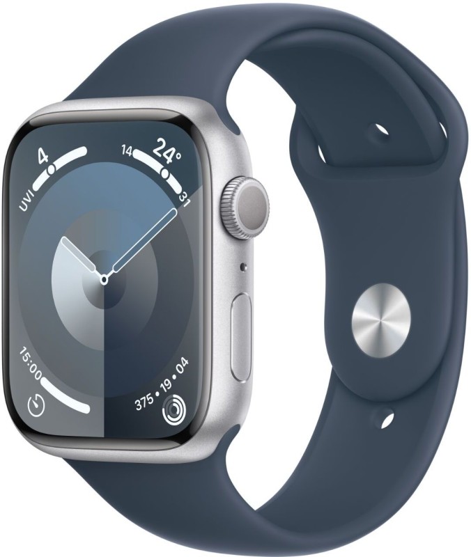 Apple Watch Series 9 GPS 45mm Silver Aluminium Case with Storm Blue Sport Band - S/M(Silver Strap, Free Size)