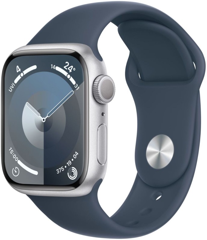 Apple Watch Series 9 GPS 41mm Silver Aluminium Case with Storm Blue Sport Band - S/M(Silver Strap, Free Size)