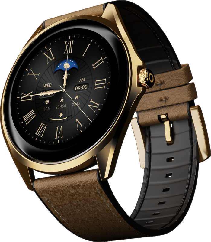 boAt Ultima Aeris 1.43"AMOLED, 1000 nits,Slim 8mm Metal Body, Auto HR&SpO2 Monitoring Smartwatch(Tan Brown Strap, One size)