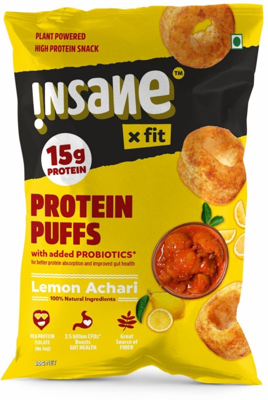 Insane Fit PROTEIN PUFFS Lemon Achari PRObiotic Low Cal Healthy Snack for Kids/adults(4 x 60 g)