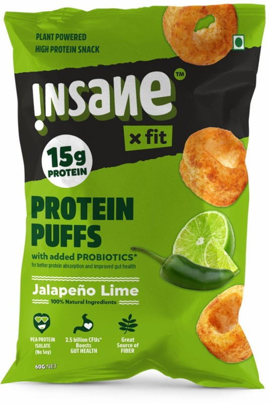 Insane Fit PROTEIN PUFFS Jalapeno Lime PRObiotic Low Cal Healthy Snack for Kids/adults(4 x 60 g)