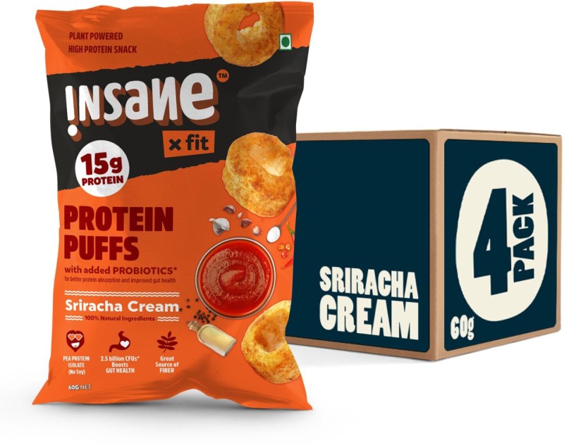 Insane Fit PROTEIN PUFFS Sriracha Cream PRObiotic Low Cal Healthy Snack for Kids/adults(4 x 60 g)