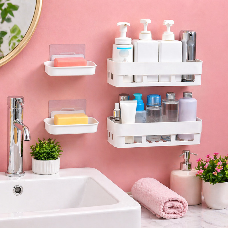 HousePill Wall Mounted Bathroom Shelf | Drill Free Storage Rack for Kitchen & Bathroom(White)