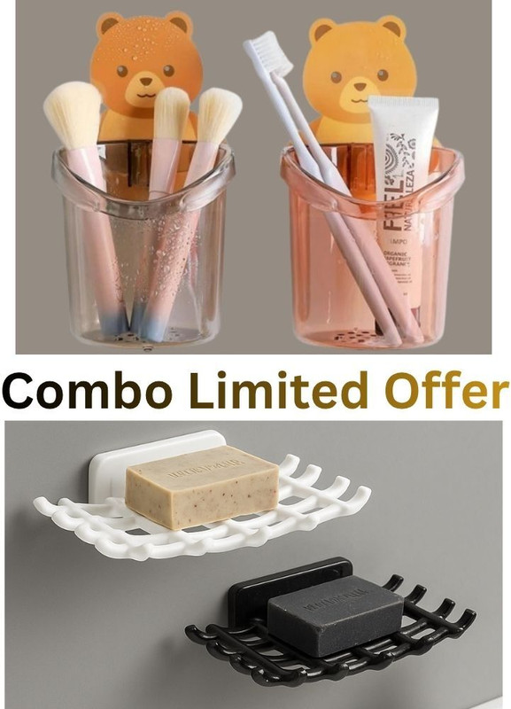 SHOPIN 2Pc Plastic Toothbrush Holder & 2Pc Soap Stand, Soap Case, Soap Dish(White, Black)