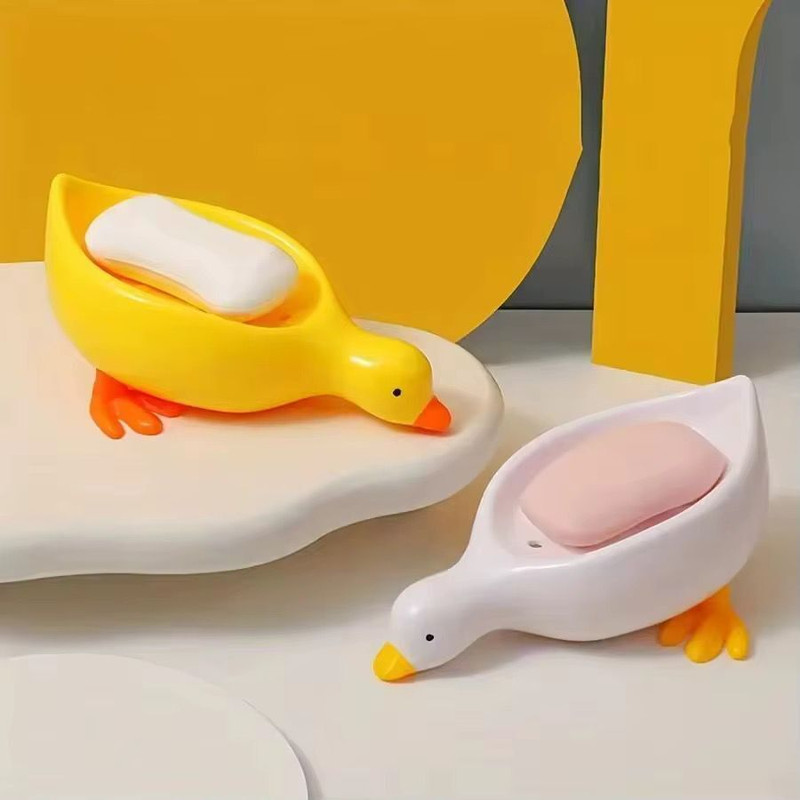 JELEXEK Duck-Shape Self Draining Soap Dish Holder, Easy Clean Soap Dish for Shower(White, YELLO)