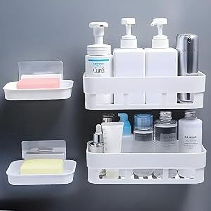 JEJIME Pack of 4 Wall Mount Bathroom Shelf and Soap Rack. Adhesive Sticker. 2 B+ 2 D(White)