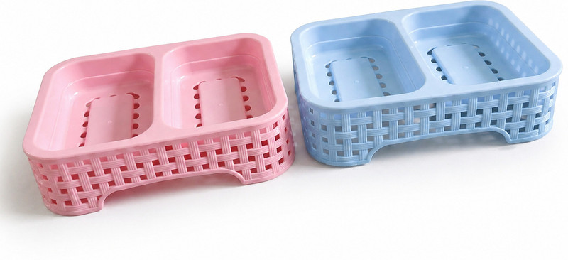 ishvera Premium Double Soap Holder with Drain Tray Plastic Soap Dish Bathroom Pack of 2(Blue, Pink)