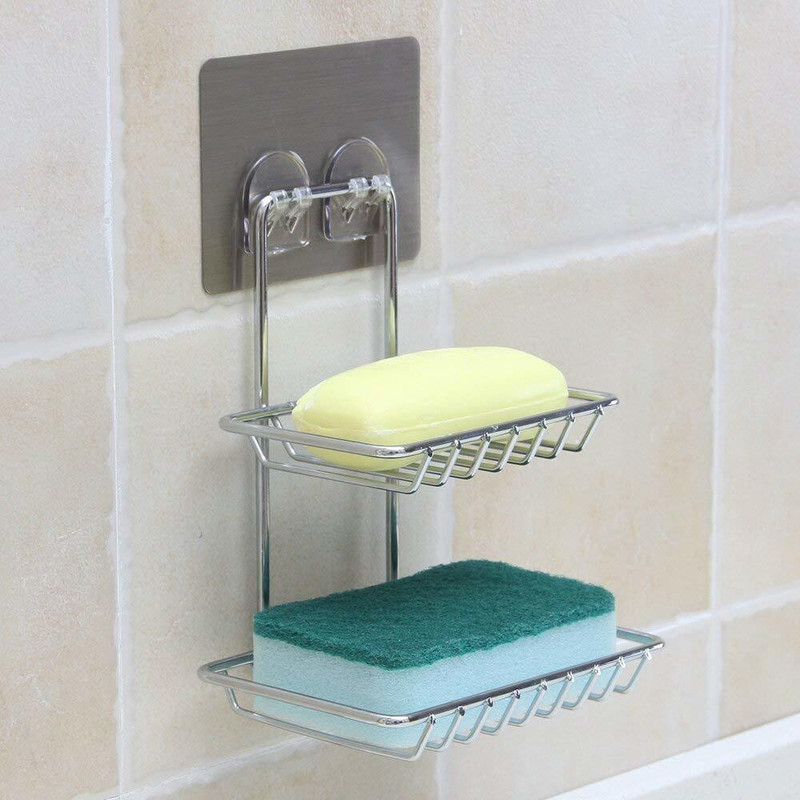 Rixim Stainless Steel Wall Mount Self-Adhesive Waterproof Kitchen Bathroom Double-Layer Soap Dish Holder (Silver)(Silver)