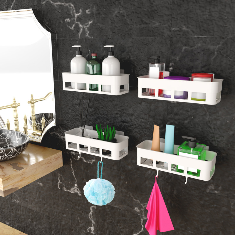 Sokmak 3PC Plastic ShampooStand ,Towel Hanger (2 Shampoo Stand +1 Hanger + FREE 4 Hook) Toothbrush Case(Pack of 1)