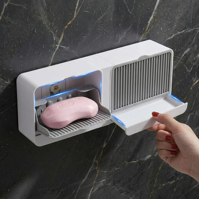 R-LEE DIPOO Double Layer Soap Holder Wall Mounted with Drain Box Self Adhesive Rack(White)