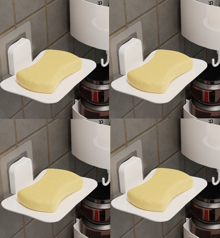 HK APPLIANCE 4PC Plastic Wall Mount SelfAdhesive Waterproof Kitchen Bathroom Soap Dish Holder(White)