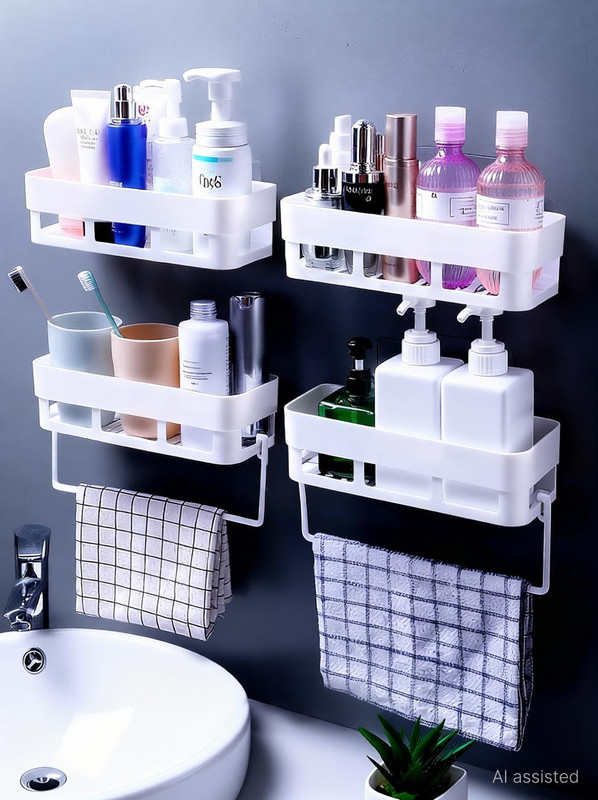 AASHUHIT Without Drilling Organizer (4 Shelf+2 Towel Hanger) Bathroom Set (Pack of 6)(White)