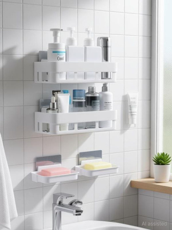 Qrex Pack Of 4 ABS Plastic Multipurpose Home Kitchen Bathroom Accessories Traceless Wall Shelves Decor Items Storage Soap Box Stand Shower Caddy Rack Shelf with Strong Adhesive Magic Sticker (2 Bathroom Shelves + 2 Soap Box,Multi Colour)(Multicolor)