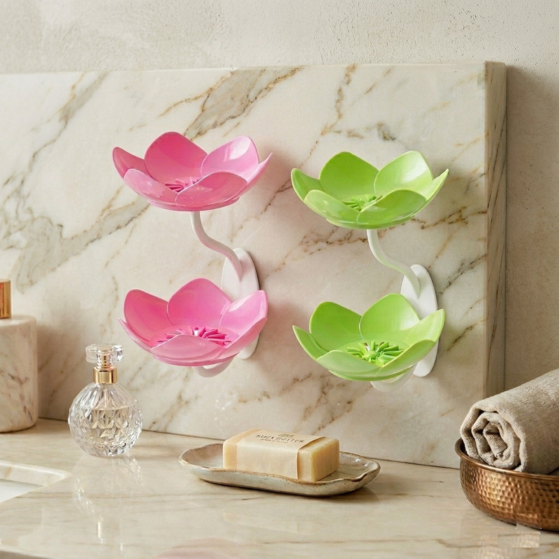 RINYAENTERPRISE Double Layer Lotus Soap Dish – Self-Adhesive Wall Mount Holder (Pack of 2)(Multicolor)