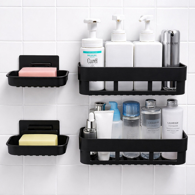 KYASO Pack of 4 Wall Mount Bathroom Shelf and Soap Rack for Home and Kitchen(Black)