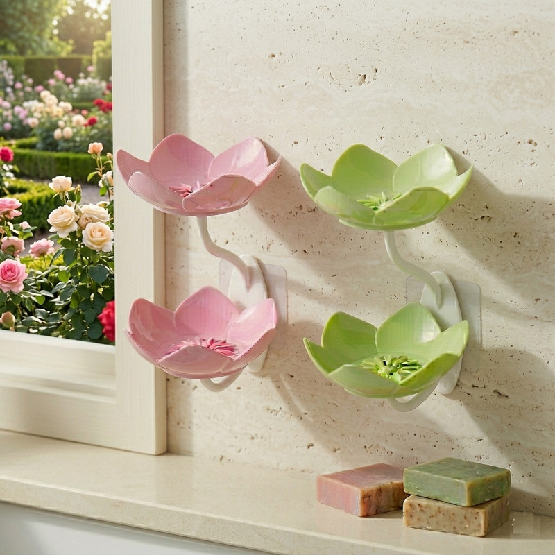 HGC Wall Mounted Lotus Flower Soap Case – Drainable Storage Box (Pack of 2)(Multicolor)