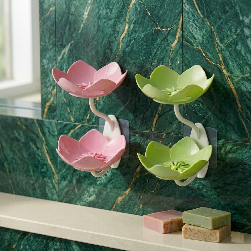 RINYAENTERPRISE Lotus Flower Soap Dish – Punch-Free Drain Storage (Pack of 2)(Multicolor)