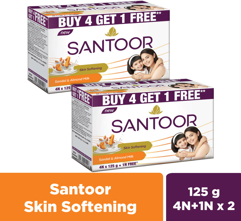 Santoor Skin Softening Sandal and Almond Milk Bathing Bar Soap For Soft & Youthful Skin.(6 x 150 g)