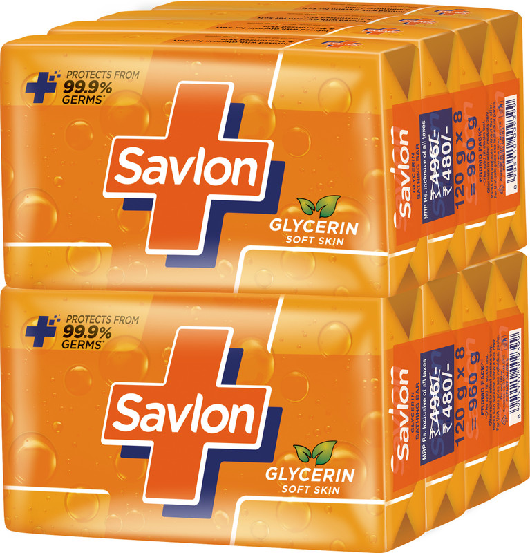 Savlon Glycerin Soap Bar with Protection, Natural Origin Glycerin, 120g Combo Pack(8 x 120 g)