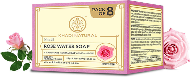 KHADI NATURAL Rosewater Handmade Soap Pack of 8 | Deeply Hydrates Skin -(8 x 125 g)