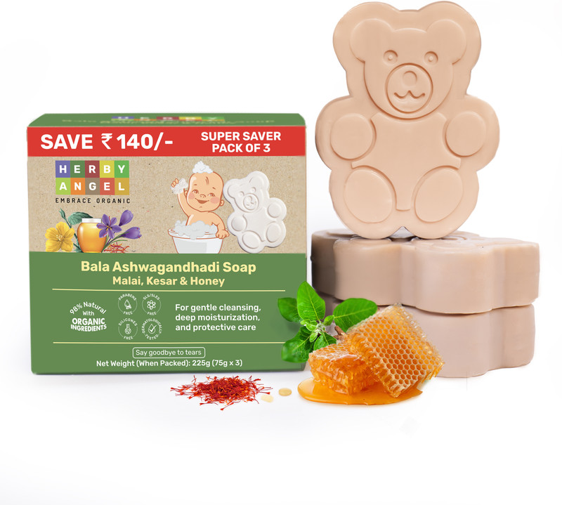 HERBY ANGEL Baby Soap - Natural Tear Free Soap with Bala Ashwagandhadi Oil, Kesar, Honey(3 x 75 g)
