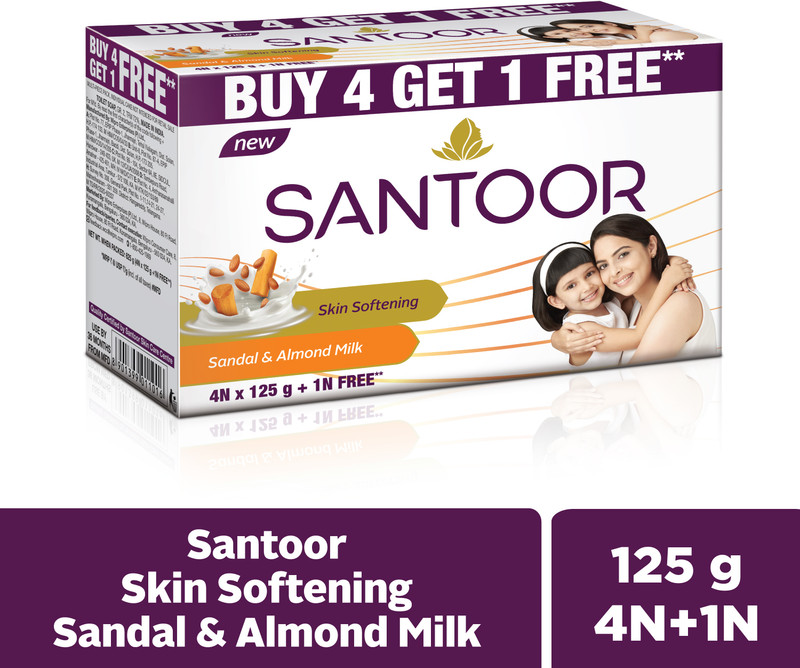 Santoor Skin Softening Sandal & Almond Milk Bathing Bar Soap For Soft and Youthful Skin|(5 x 125 g)