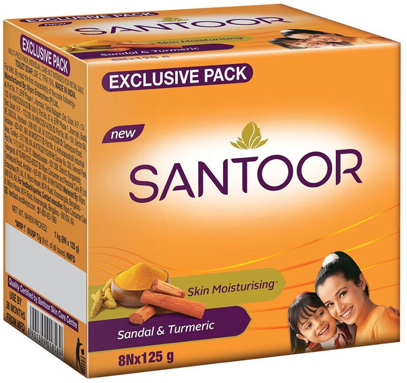Santoor Skin Moisturizing Sandal and Turmeric Bathing Bar Soap For Soft & Youthful Skin.(8 x 125 g)
