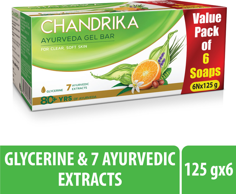 Chandrika by Wipro With Glycerine Ayurveda Gel Bathing Bar Soap,| Jojoba Oil for Moisturized Skin(6 x 125 g)