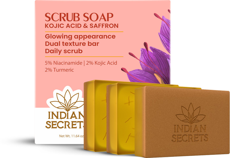 Indian Secrets Kojic Acid & Saffron Scrub Soap (Pack of 3)(3 x 110 g)